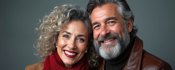 Mature couple shares happy moment. Their smiles show genuine connection and lasting love. They pose for studio portrait, exuding warmth and contentment. Their timeless elegance complements each other.