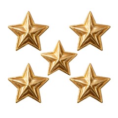 Obraz premium Five shiny golden stars are scattered on a clean white background, casting subtle shadows and radiating a sense of accomplishment and merit.