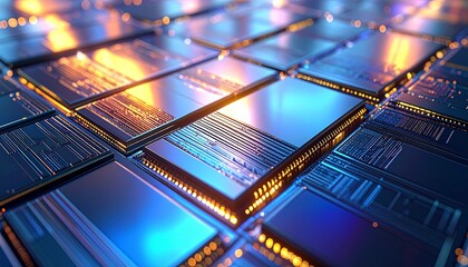 Seamless microchip silicon wafer pattern, ultra-realistic nanostructure detail, glowing circuits