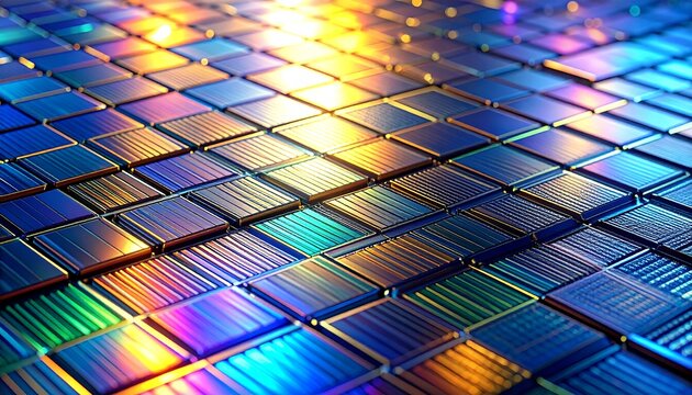 Detailed macro view of iridescent silicon wafer surface with reflective geometric patterns - Powered by Adobe