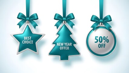 Christmas sale ornaments with ribbons hanging on light blue background