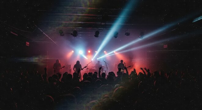 Energetic musical group performs live under bright stage lighting before an enthusiastic crowd