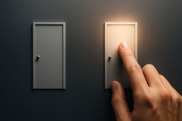 Hand choosing illuminated door among two doors on dark wall concept decision