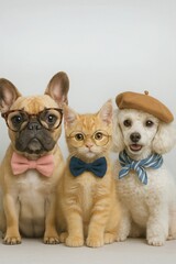 Dog and cat wearing glasses and bow ties sitting together on white background