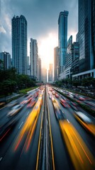 Fototapeta premium High quality photo of Long exposure of city traffic on a busy highway with skyscrapers and a dramatic sky