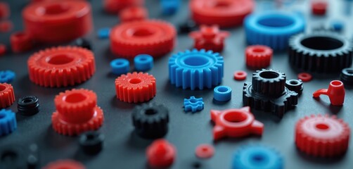 Assorted red blue, black plastic construction parts. Precision engineered thermoplastic components include gears connectors, structural pieces. Manufacturing industrial design engineering assembly.