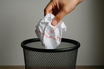 Hand discarding crumpled paper with stock market loss graph into trash bin
