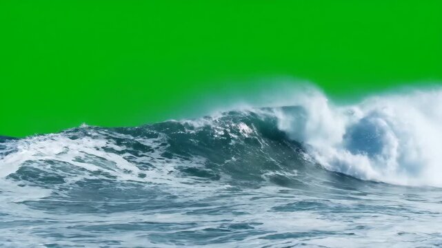 Ocean Wave with Green Screen Background - This video shows a large ocean wave with white foam cresting against a bright green screen background.