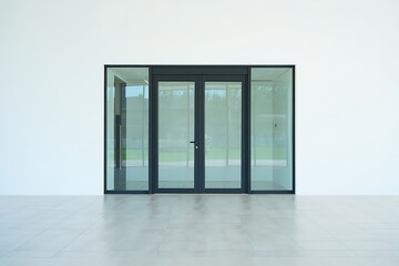 Obraz premium Modern glass double doors with black metal frame on white wall, minimalist architectural design for office or commercial building entrance, clean contemporary interior and exterior concept.