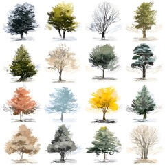 Obraz premium Sixteen watercolor tree illustrations displayed in a grid show various species and seasonal foliage against a clean white background.