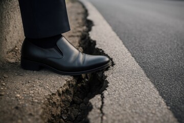 Man wearing black leather shoe stepping on cracked asphalt road edge