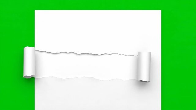 Torn Paper Reveal on Green Screen - A piece of white paper has been torn in the middle, revealing a green screen background. The paper has a rough, uneven edge where it was torn.