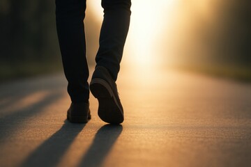 Person walking on road during sunset with long shadows