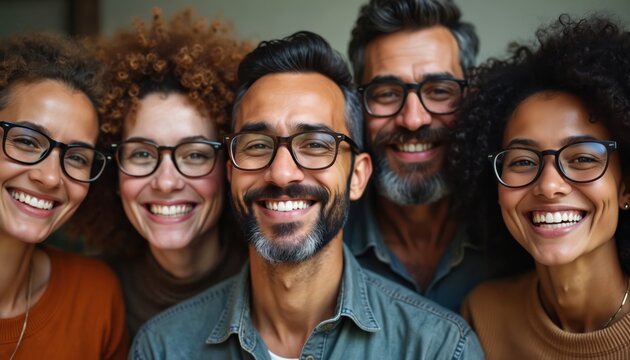 Group of diverse smiling people with glasses and beards, men and women, different ages. They share a moment of joy and connection, looking happy. This portrays positive human relations.