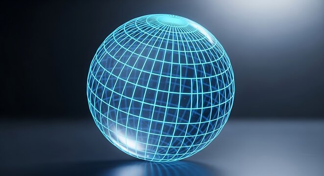 Blue Wireframe Globe on Dark Reflective Surface sphere - Powered by Adobe