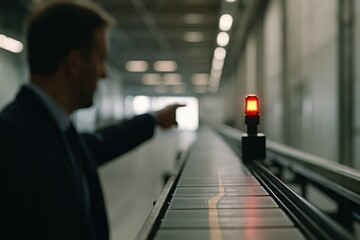 Man pointing at red warning light on conveyor belt in industrial facility