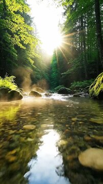 River in the forest with rocks. Morning in the forest