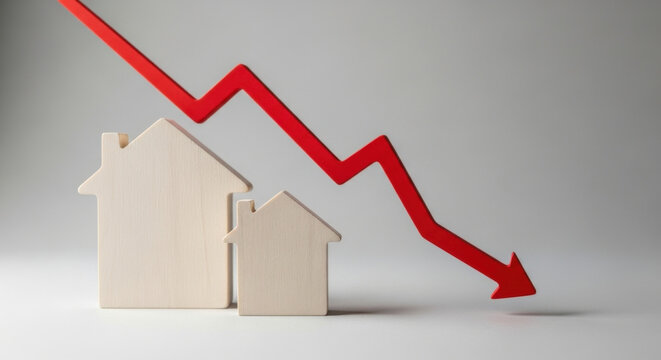 Declining Housing Market Illustration with Houses and Red Arrow Showing Price Reduction Property Value Decrease and Economic Downturn Symbol