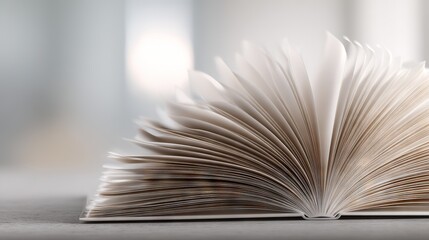 Open book with fanned pages on bright desk symbolizing education, knowledge and inspiring fresh start