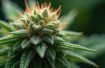 Macro view of ripe cannabis bud covered in white trichomes and orange pistils. A mature marijuana plant shows detailed green leaves with crystal resin for medicinal use.
