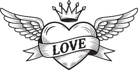 Classic black and white tattoo style illustration of a winged heart crowned with a banner saying love