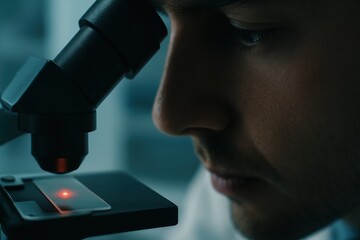 Scientist examining sample through microscope in laboratory research setting