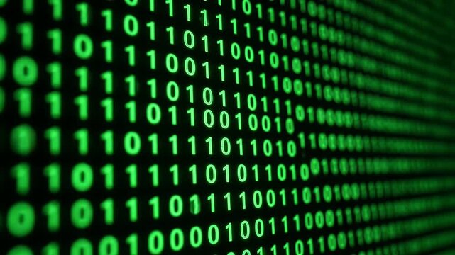 Digital Binary Code Streaming in Green with Glowing Effect in Closeup