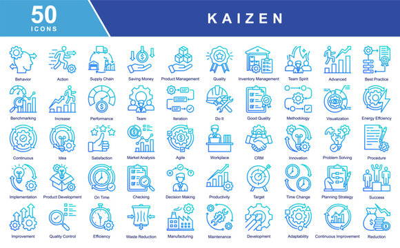 Kaizen icon set featuring continuous improvement,productivity,quality,efficiency,teamwork,innovation,and lean processes.Ideal for business,manufacturing,management,and operational excellence projects.