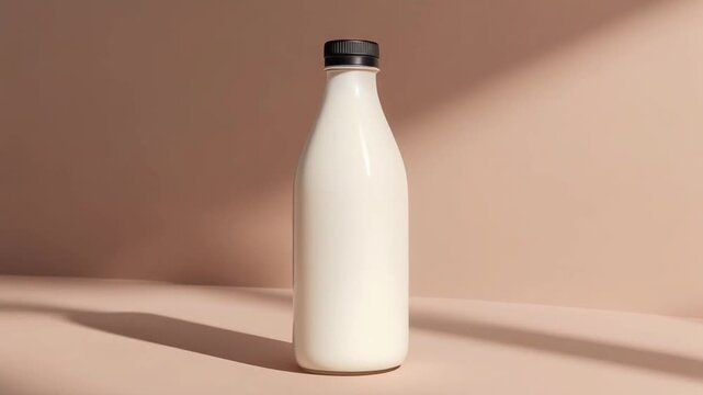 Minimalist milk bottle with black lid on neutral background showing fresh daily product packaging and healthy nutrition lifestyle concept.