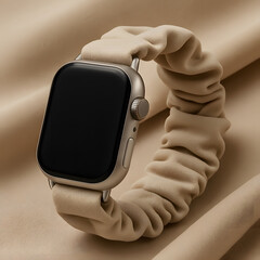 Flat Lay Smartwatch Scrunchie Band on Neutral Fabric &ndash; E-Commerce Product Image