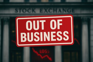 Obraz premium Out of business sign in front of stock exchange building indicating financial loss
