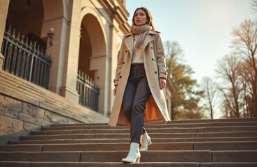Young woman walks down stone steps wearing beige trench coat and white boots. She has a scarf and carries a dark handbag. She looks sophisticated and confident in urban setting.