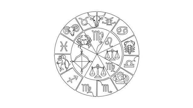 Minimalist Zodiac Wheel Illustration Showing 12 Astrological Signs with Symbolic Icons in Black