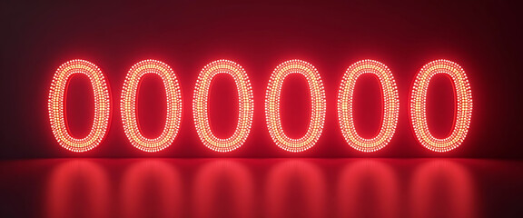 A captivating image showcasing six glowing red neon zeros, meticulously crafted with intricate small light points