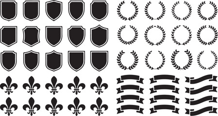 Extensive collection of black heraldic shields, laurel wreaths, fleur de lis, and ribbon banners on white