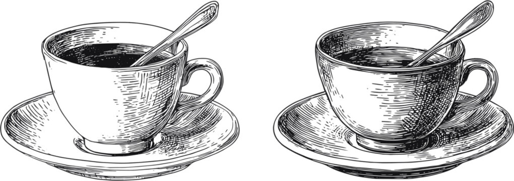 2 sets Hand drawn coffee cups with spoons isolated on white background, vector illustration vintage sketch style
