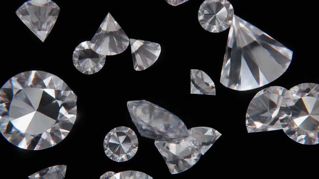 A chaotic scattering of brilliant, clear-cut diamonds tumbling and spinning against an isolated black void background under sharp studio lighting.
