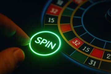 Person pressing spin button on electronic roulette wheel in casino game