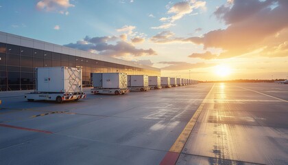 Obraz premium Modern airport cargo loading area with autonomous vehicles and sunset