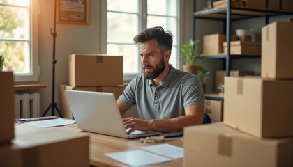 Man works on laptop surrounded by boxes. Entrepreneur prepares online orders for shipping. Small business owner manages inventory for e-commerce fulfillment from home office.