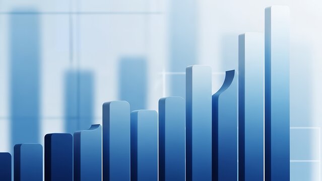 Dynamic Upward Trending Blue Bar Graph Against a Blurry Grid Background, Symbolizing Financial Growth, Business Success, and Data Analytics.