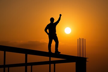 Silhouette of construction worker celebrating on building frame at sunset
