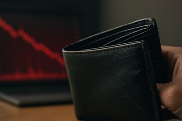 Hand holding empty wallet with declining stock market graph in background
