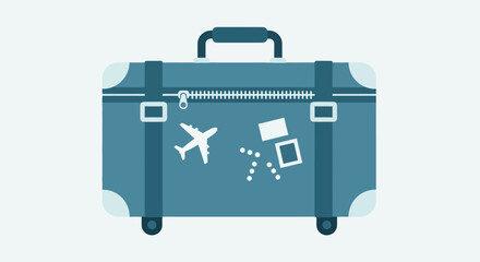 Stylized illustration of a blue travel suitcase with travel icons and accessories on a light