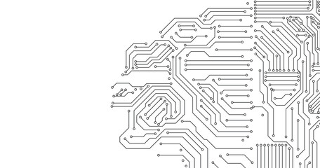Circuit Board Technology Copy Space Vector Background. Grayscale Abstract Scifi PCB Trace Data Transfer Design Illustration.
