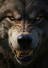 Ferocious Werewolf Close-Up With Glowing Eyes and Fangs