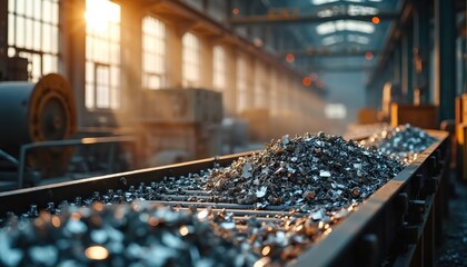 Metal scraps pile on conveyor belt inside factory. Industrial process of recycling and production. Heavy machinery and manufacturing environment. Shiny waste material transported on industrial line.
