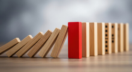 Domino Effect with Red Block Standing Out Concept Stopping Wooden Pieces Falling on Table Leadership Challenge Solution Risk Control