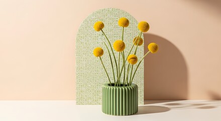 A minimalist still life featuring vibrant yellow billy button flowers in a textured green vase