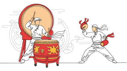 Traditional Chinese Drummers Performing with Dynamic Movements and Vibrant Costumes in an Artistic